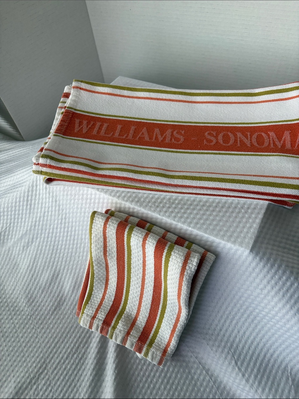 Williams Sonoma Orange, Olive and White Stripe Kitchen Towel Set of 3